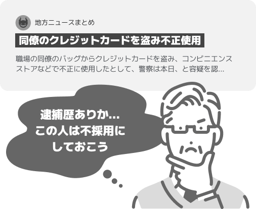 個人名のネガティブな検索結果を見て「逮捕歴ありか、この人は不採用にしよう」と採用担当者に思われてしまうイメージ図